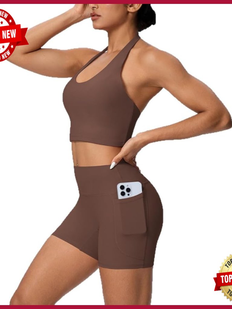 2 Piece Backless Halter Top & High Waist Shorts Set With Pockets